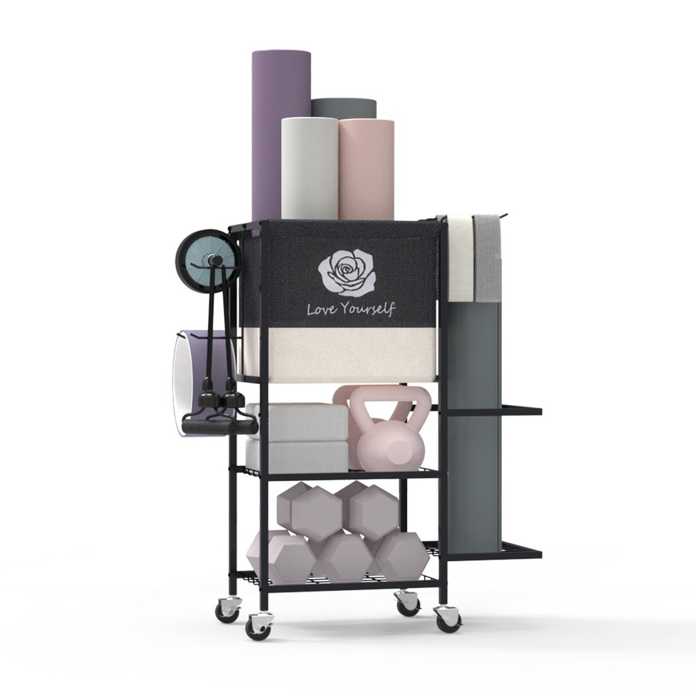 Yoga Mat Storage RackHome Gym Storage Rack Gym Workout Equipment Storage Organizer Fitness Weight Rack on Wheels for Yoga Mat,Yoga Block,Foam Roller,Resistance Band and Other Workout Accessories