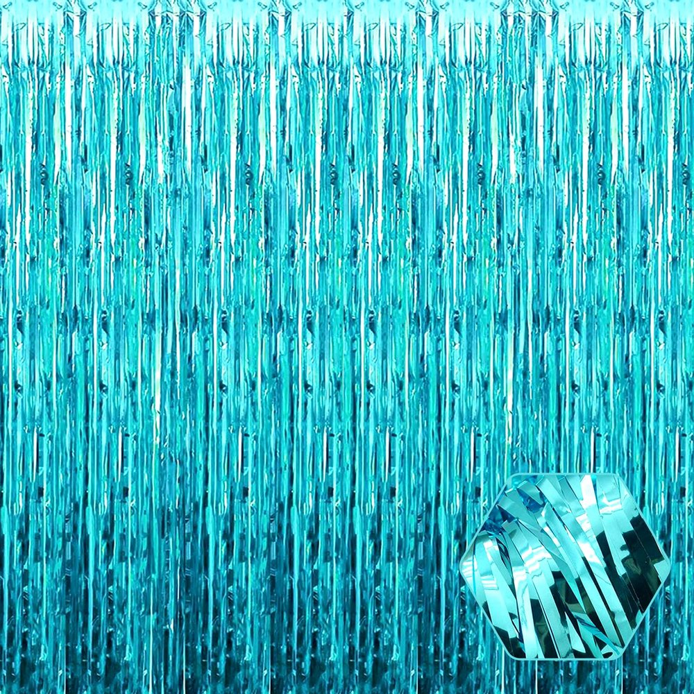 6 Pack Lake Blue Foil Fringe Curtain Backdrop, 3.28Ft x 6.6Ft Metallic Tinsel Foil Fringe Streamer Curtains for Photo Booth, Christmas Day, Thanksgiving, Wedding, New Year Party Decorations
