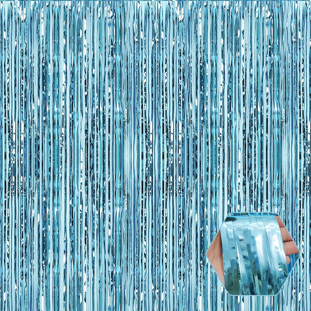 6 Pack Light Blue Foil Fringe Curtain Backdrop, 3.28Ft x 6.6Ft Metallic Tinsel Foil Fringe Streamer Curtains for Photo Booth, Christmas Day, Thanksgiving, Wedding, New Year Party Decorations
