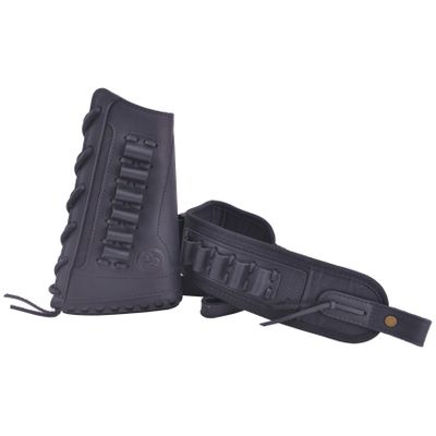 Leather Buttstock Cheek Rest with Sling Shell Holder for Shotguns Rifles .357 .30/30 .308 .45-70 .22LR 12GA 16GA 20GA (.308 .30-06 .44mag, Black- Lefy Hand)