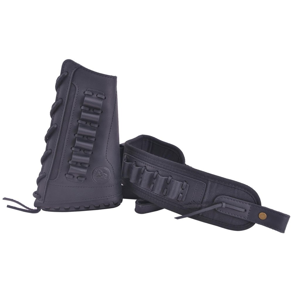 Leather Buttstock Cheek Rest with Sling Shell Holder for Shotguns Rifles .357 .30/30 .308 .45-70 .22LR 12GA 16GA 20GA (.308 .30-06 .44mag, Black- Lefy Hand)