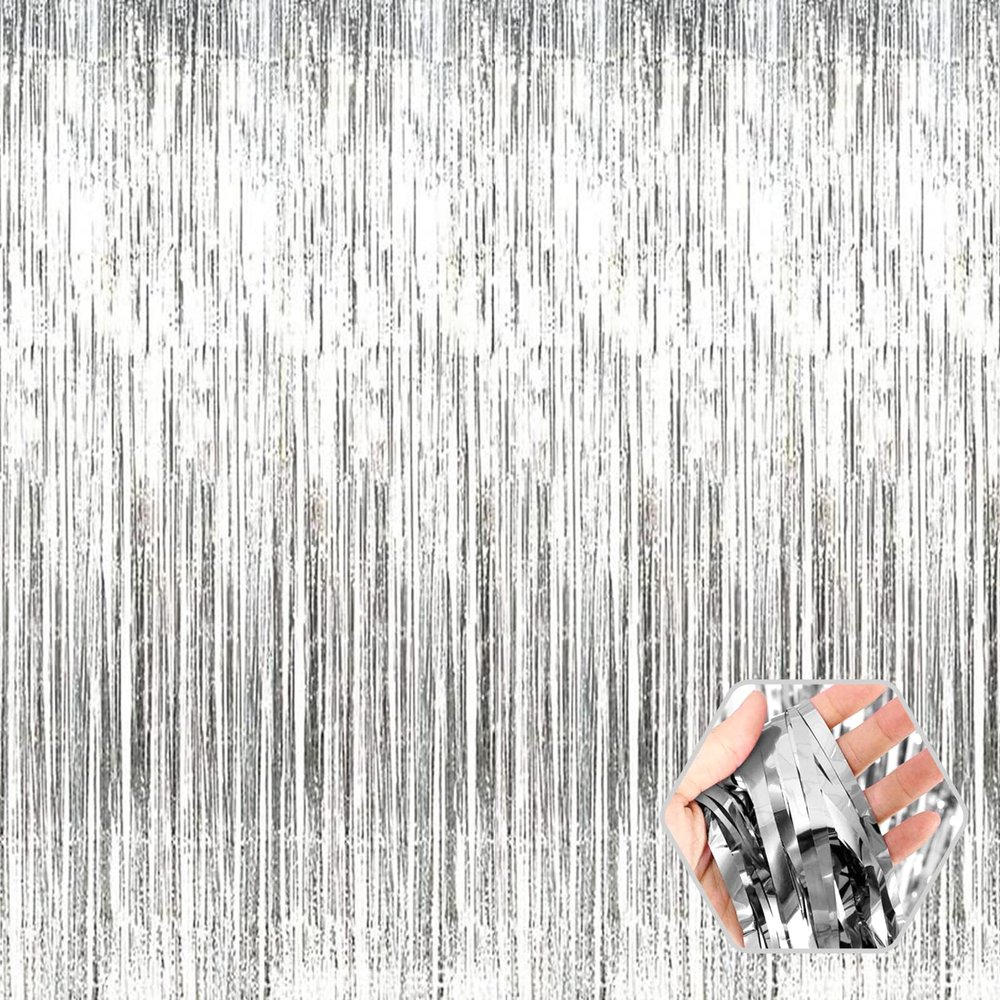 6 Pack Silver Foil Fringe Curtain Backdrop, 3.28Ft x 6.6Ft Metallic Tinsel Foil Fringe Streamer Curtains for Photo Booth, Christmas Day, Thanksgiving, Wedding, New Year Party Decorations