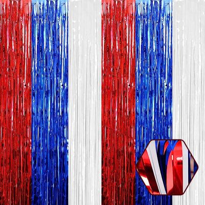6 Pack White Blue Red Foil Fringe Curtain Backdrop, 3.28Ft x 6.6Ft Metallic Tinsel Foil Fringe Streamer Curtains for Photo Booth, Christmas Day, Thanksgiving, Wedding, New Year Party Decorations