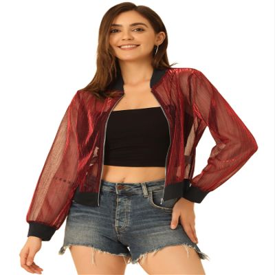 Allegra K Glitter Mesh Bomber Jacket for Women's Shiny Long Sleeve Party Club Zip Up Sheer Jackets X-Small Red
