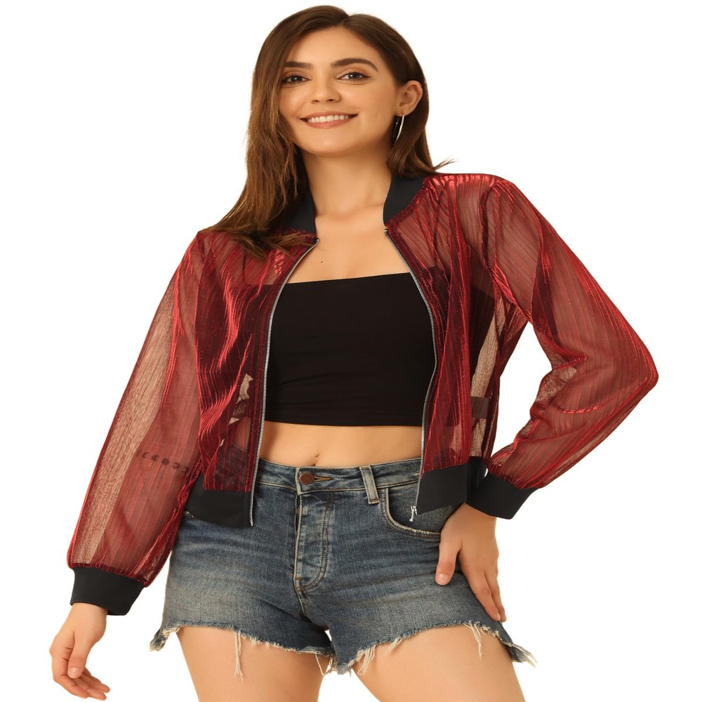 Allegra K Glitter Mesh Bomber Jacket for Women's Shiny Long Sleeve Party Club Zip Up Sheer Jackets X-Small Red
