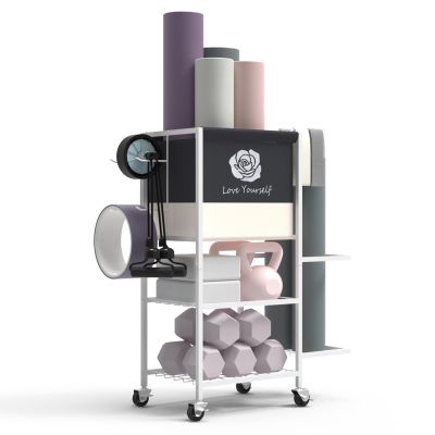 Yoga Mat Storage RackHome Gym Storage Rack Gym Workout Equipment Storage Organizer on Wheels for Yoga Mat,Yoga Block,Foam Roller,Resistance Band,Dumbbell,Kettlebell (White)