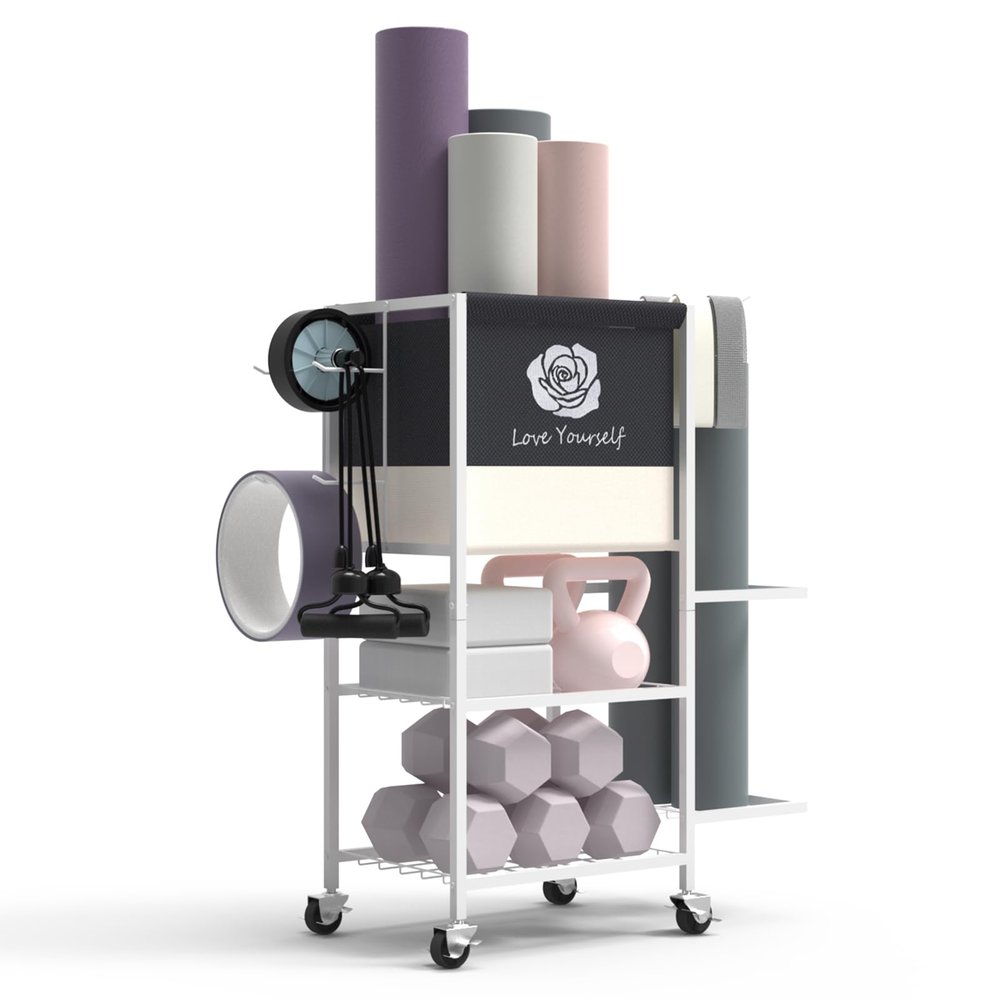 Yoga Mat Storage RackHome Gym Storage Rack Gym Workout Equipment Storage Organizer on Wheels for Yoga Mat,Yoga Block,Foam Roller,Resistance Band,Dumbbell,Kettlebell (White)