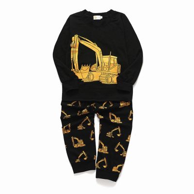 Cartoon Excavator Children's Clothing Set Autumn and Winter Long Sleeved Boys' Pajamas Outfits for (Blue, 3-4 Years)