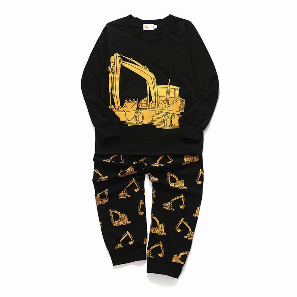 Cartoon Excavator Children's Clothing Set Autumn and Winter Long Sleeved Boys' Pajamas Outfits for (Blue, 3-4 Years)