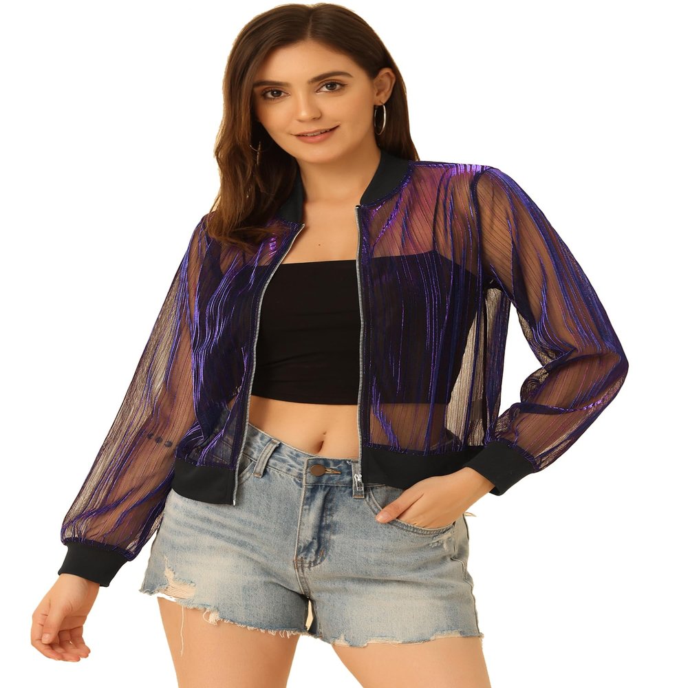 Allegra K Glitter Mesh Bomber Jacket for Women's Shiny Long Sleeve Party Club Zip Up Sheer Jackets Medium Purple
