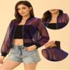 Allegra K Glitter Mesh Bomber Jacket for Women's Shiny Long Sleeve Party Club Zip Up Sheer Jackets Medium Purple view 2