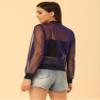 Allegra K Glitter Mesh Bomber Jacket for Women's Shiny Long Sleeve Party Club Zip Up Sheer Jackets Medium Purple view 3