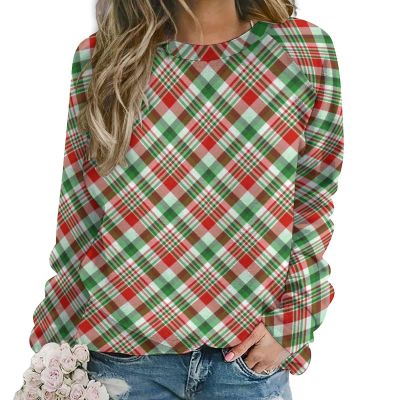 Red Green Plaid Women's Casual Tunic Tops Crew Neck Long Sleeve Sweatshirts Loose Shirts Blouses