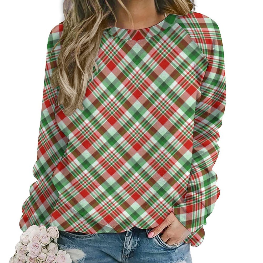 Red Green Plaid Women's Casual Tunic Tops Crew Neck Long Sleeve Sweatshirts Loose Shirts Blouses