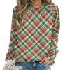Red Green Plaid Women's Casual Tunic Tops Crew Neck Long Sleeve Sweatshirts Loose Shirts Blouses view 1