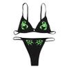 ANKOMINA Women Gothic Skull Letter Printed Two Piece Swimsuit High Cut Triangle Bikini Set for Rave Party Festival Halloween view 1