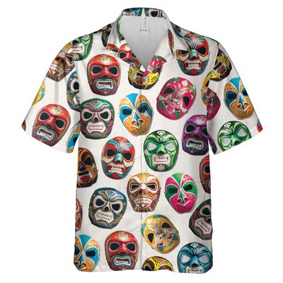Warrior Masks Hawaiian Shirts for Men - Lucha Wrestling Button Down Mens Hawaiian Shirts Set 72 Size M