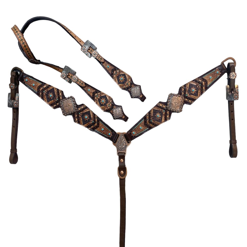 MOUSM Genuine Argentina Cow Leather Headstall Bridle Breast Collar Set - Decorated with Geometrical Flower Carving