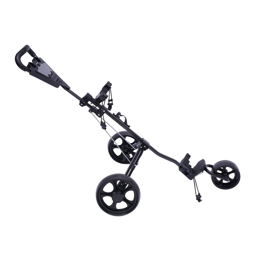 Kathring 3 Wheel Golf TrolleyFoldable lightweight trolley with foot brake, triangular construction golf trolley with scoreboard, spike socket and elastic band