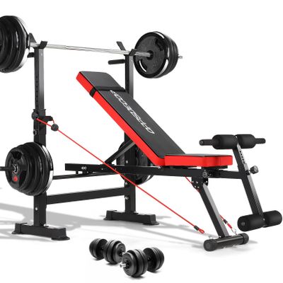 Weight Bench Set with Squat Rack, OPPSDECOR 6 in 1 600lbs Bench Press Set With Removable Leg Catch, Adjustable Incline Flat Decline Sit Up Workout Bench, Full Body Strength Training for Home Gym -