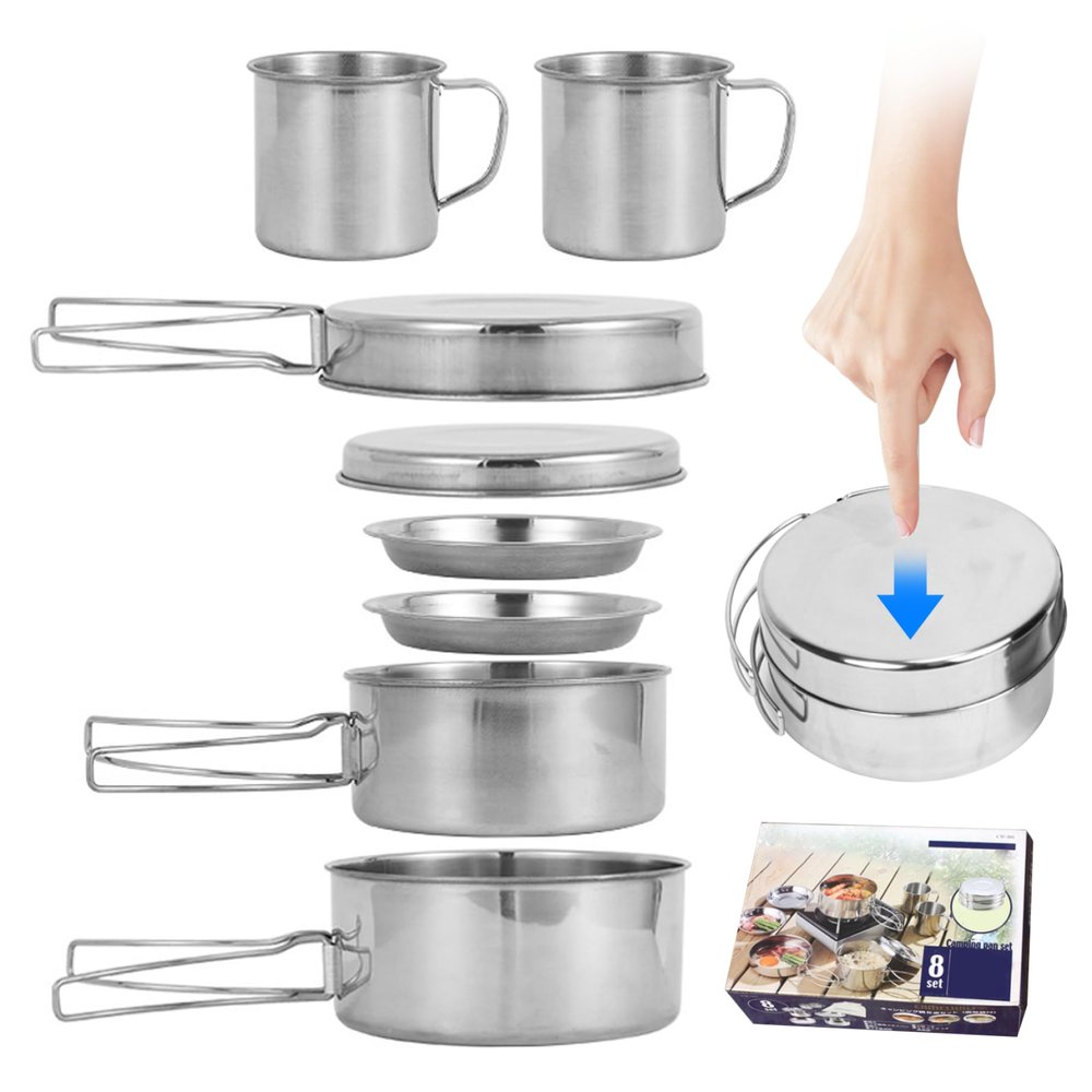 Camping Cooking Set 8PCS Stainless Steel Camping Cookware Portable Cooking Pot and Pan Set with Plates Cups for 5-6 Adults Outdoor Hiking Picnic Camping BBQ