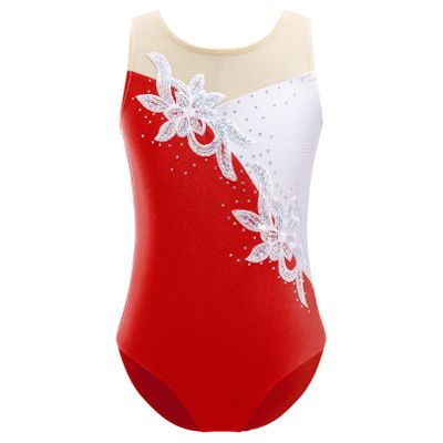 ranrann Kids Girls 2Pcs Sequins Ballet Dance Outfits Sleeveless Floral Gymnastic Leotard with Booty Shorts Tracksuit Unitards Red A 10 Years