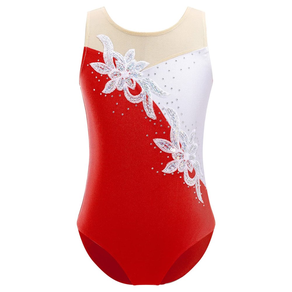 ranrann Kids Girls 2Pcs Sequins Ballet Dance Outfits Sleeveless Floral Gymnastic Leotard with Booty Shorts Tracksuit Unitards Red A 10 Years