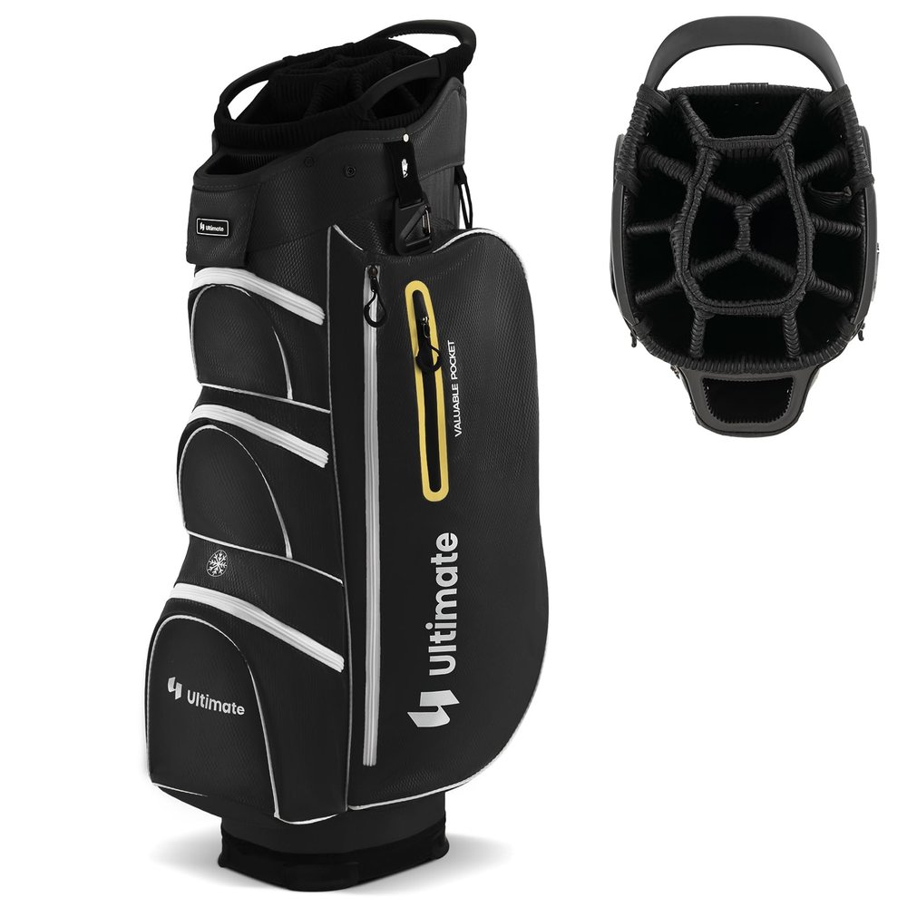 Goplus Golf Cart Bag with 15-Way Top Dividers, Golf Club Bag with 7 Zippered Pockets, Cooler Bag, Rain Hood, Umbrella Holder, Shoulder Strap, Lightweight Golf Bag for Men Women (Black+Yellow)