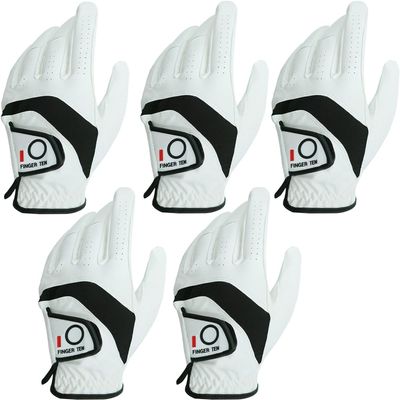 FINGER TEN Golf Gloves Men Value 5 Pack for Left Right Hand, Comfortable Soft & All Weather Grip Mens Golf Glove, Sizes S M ML L XL XXL 3XL (White(Men Gloves), XX-Large(Worn On Left Hand))