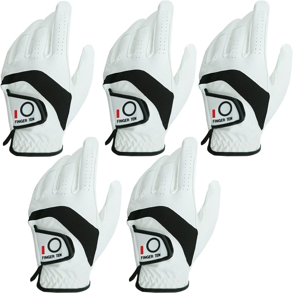 FINGER TEN Golf Gloves Men Value 5 Pack for Left Right Hand, Comfortable Soft & All Weather Grip Mens Golf Glove, Sizes S M ML L XL XXL 3XL (White(Men Gloves), XX-Large(Worn On Left Hand))