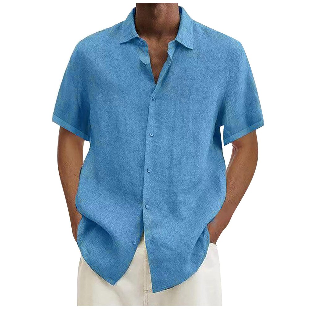 Shirt Men, Shirts for Men Fashion Cool Shirts Collard Polo Long Sleeve Designer Spring Summer Men's Casual Cotton Linen Solid Color Short Shirts Loose Medium Multi Flannel Hood (3XL, Light Blue)