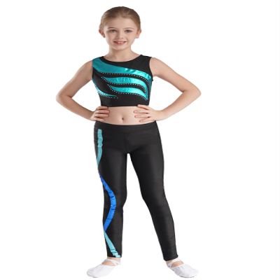 Jizyo Kids Girls Shiny Gradiant 2Pcs Dance Outfits Sports Crop Tank Top with Yoga Leggings Set Gymnastic Tracksuit Dancewear Lake Green&Blue 8 Years