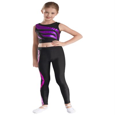 Jizyo Kids Girls Shiny Gradiant 2Pcs Dance Outfits Sports Crop Tank Top with Yoga Leggings Set Gymnastic Tracksuit Dancewear Purple&Rose 8 Years