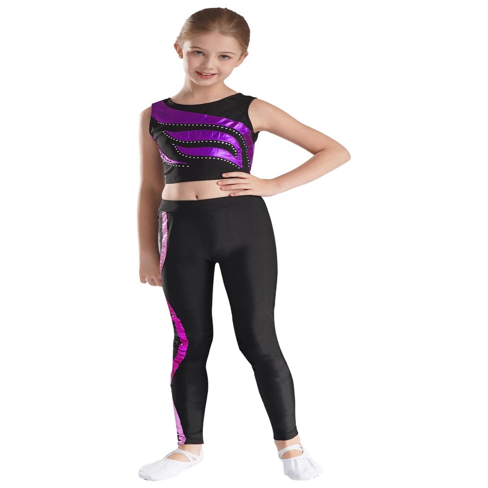 Jizyo Kids Girls Shiny Gradiant 2Pcs Dance Outfits Sports Crop Tank Top with Yoga Leggings Set Gymnastic Tracksuit Dancewear Purple&Rose 8 Years