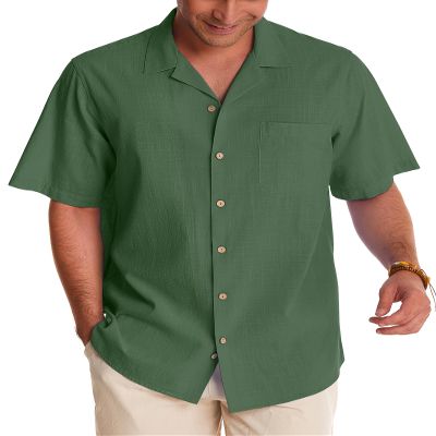 Alimens & Gentle Short Sleeve Button Down Shirts Linen Shirts for Men Cotton Summer Beach Cuban Shirts Vacation Hawaiian Shirts