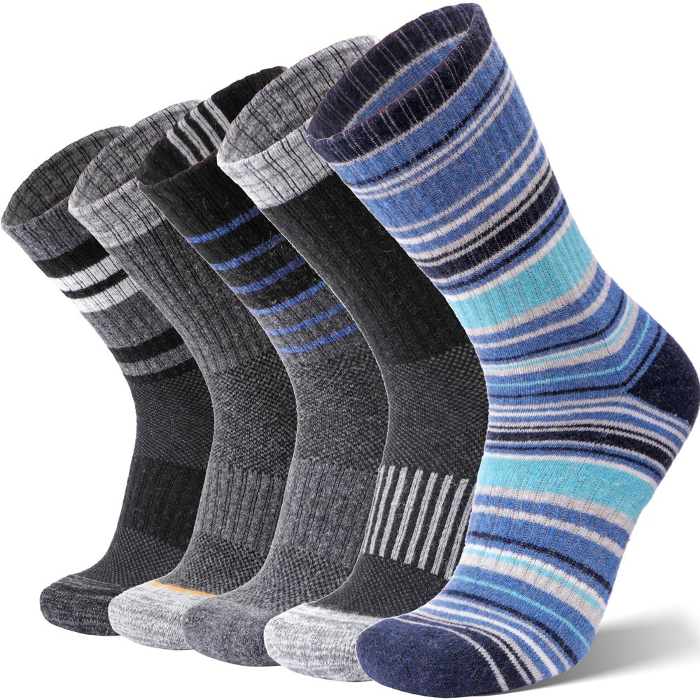 ANTSANG Merino Wool Hiking Socks for Men & Women Thermal Warm Winter Thick Cozy Athletic Crew Work Boot Gift Socks Stocking Stuffers 5 Pairs(Blue Stripes,M)