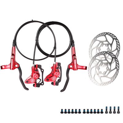 MirOdo 4-Piston Dual Brake Hydraulic Disc Brake Kit Aluminum Ultralight Mountain Bike Hydraulic Disc Brakes Right Front 800mm Left Rear 1400mm with Pair of 160mm Rotors (Color : Red)