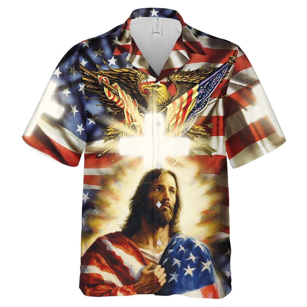 Men's Jesus Hawaiian Shirts - American Flag Button Down Mens Hawaiian Shirts Short Sleeve Series 04 Size 2XL