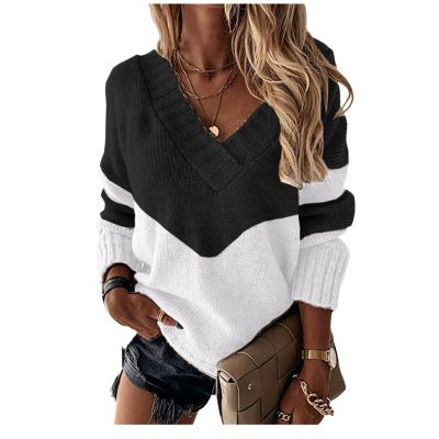 Women's V Neck Drop Shoulder Color Block Patchwork Sweater Long Sleeve Knit Casual Relaxed Fit Pullover Jumper