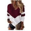 Women's V Neck Drop Shoulder Color Block Patchwork Sweater Long Sleeve Knit Casual Relaxed Fit Pullover Jumper view 1