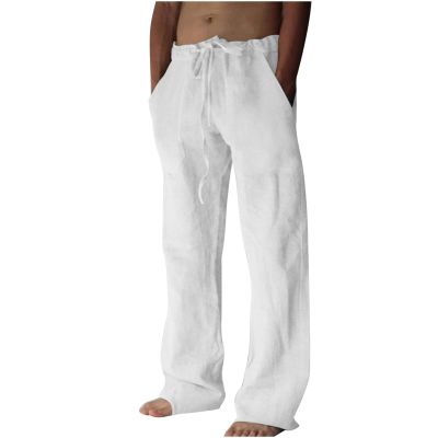 Muscularfit Best Men Pants Casual Joggers Mens Lounge Pants Big and Tall Drawstring Stretch Cotton Linen Trouser Big and Tall Solid Straight Legs Pockets White XL