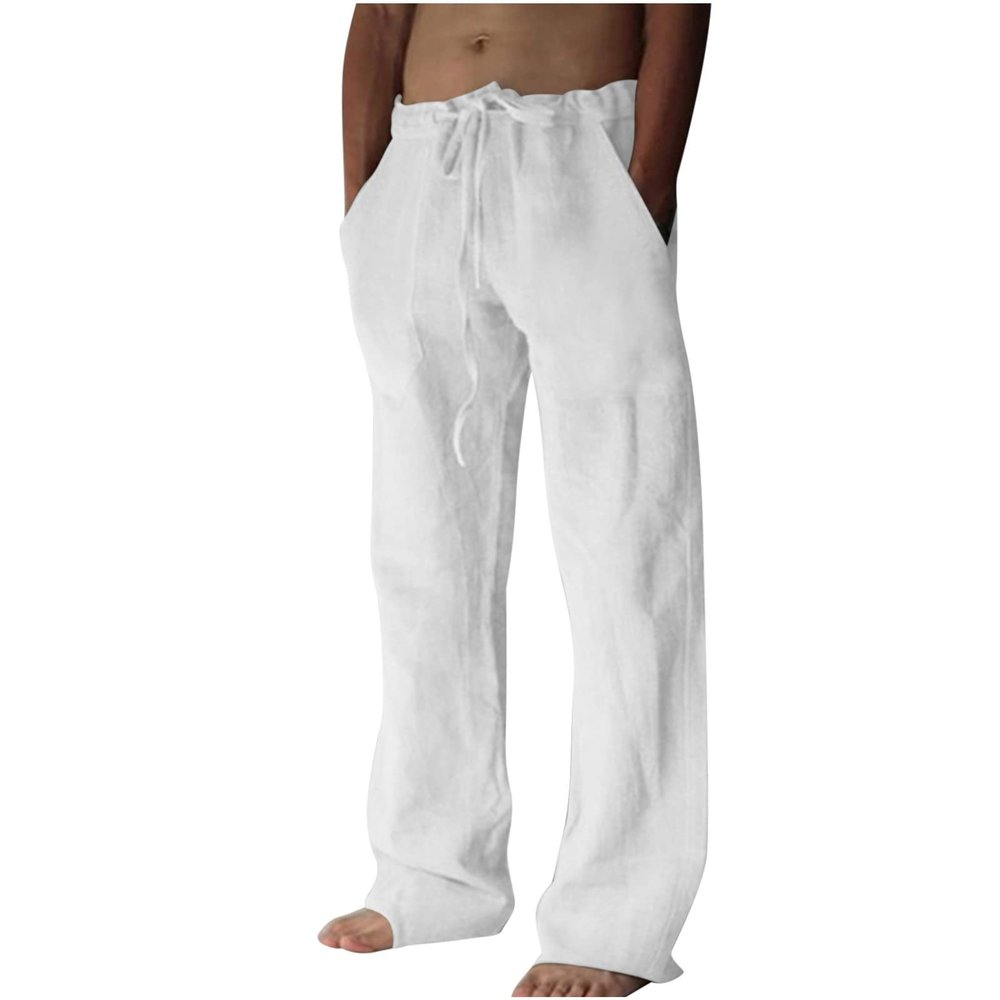 Muscularfit Best Men Pants Casual Joggers Mens Lounge Pants Big and Tall Drawstring Stretch Cotton Linen Trouser Big and Tall Solid Straight Legs Pockets White XL