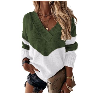 Women's V Neck Drop Shoulder Color Block Patchwork Sweater Long Sleeve Knit Casual Relaxed Fit Pullover Jumper