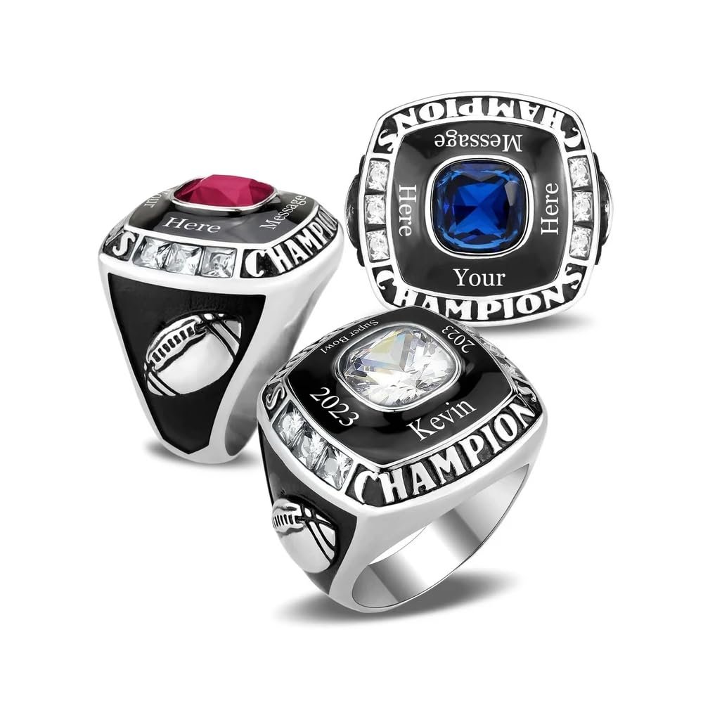 Stainless Steel Championship Ring Custom Text and Color - Football (11, Silver)