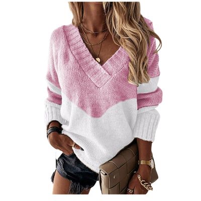 Women's V Neck Drop Shoulder Color Block Patchwork Sweater Long Sleeve Knit Casual Relaxed Fit Pullover Jumper