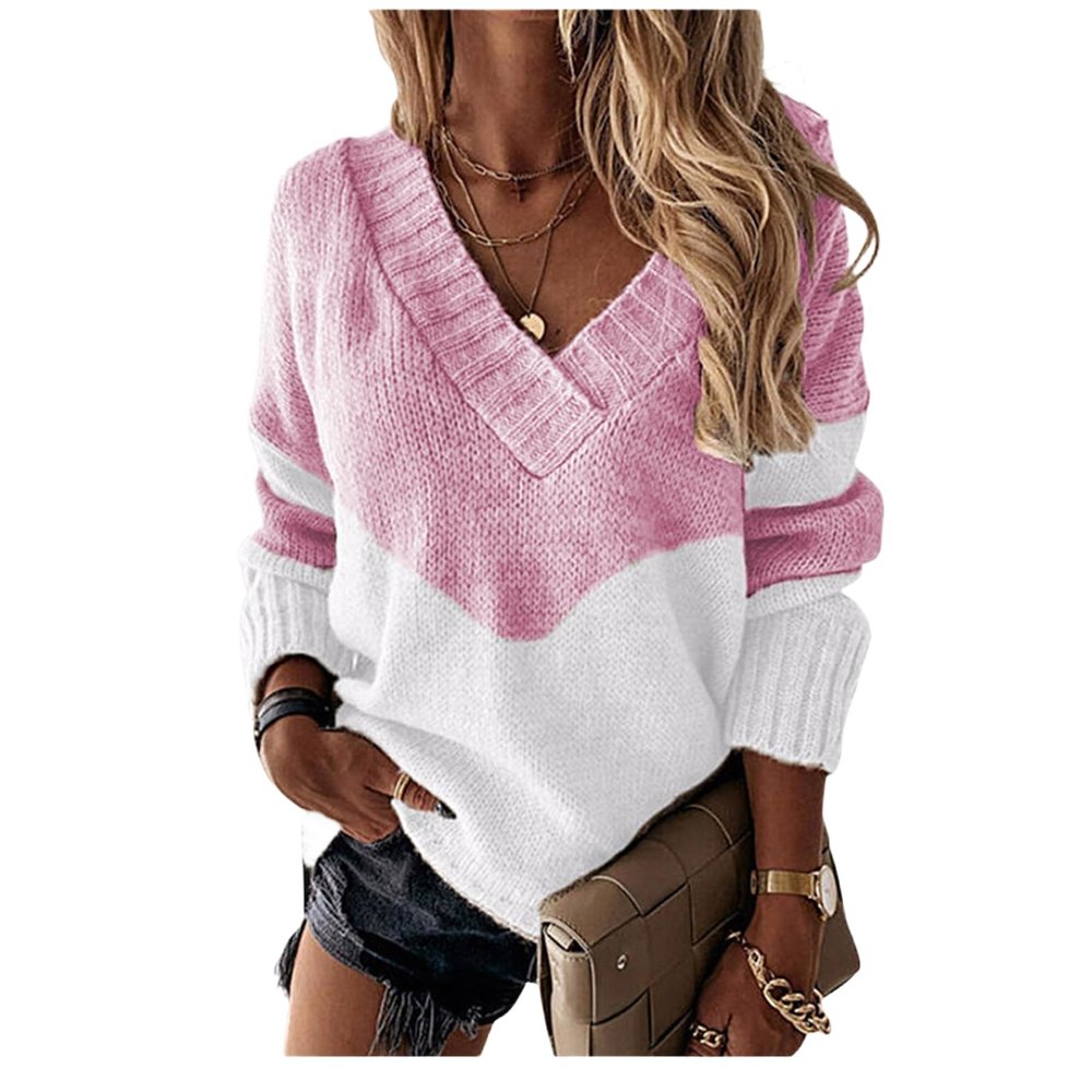 Women's V Neck Drop Shoulder Color Block Patchwork Sweater Long Sleeve Knit Casual Relaxed Fit Pullover Jumper