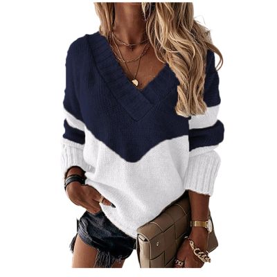 Women's V Neck Drop Shoulder Color Block Patchwork Sweater Long Sleeve Knit Casual Relaxed Fit Pullover Jumper