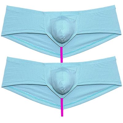 Jaxu Men's Check Spandex Bulge Pouch Underwear Soft Thong Boxers Hipster Boyshorts String Crotch Underpants 2-Pack(Light Blue) L