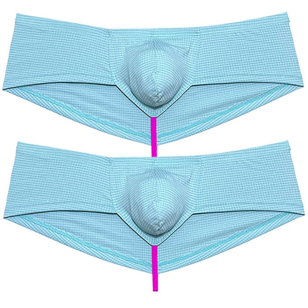 Jaxu Men's Check Spandex Bulge Pouch Underwear Soft Thong Boxers Hipster Boyshorts String Crotch Underpants 2-Pack(Light Blue) L