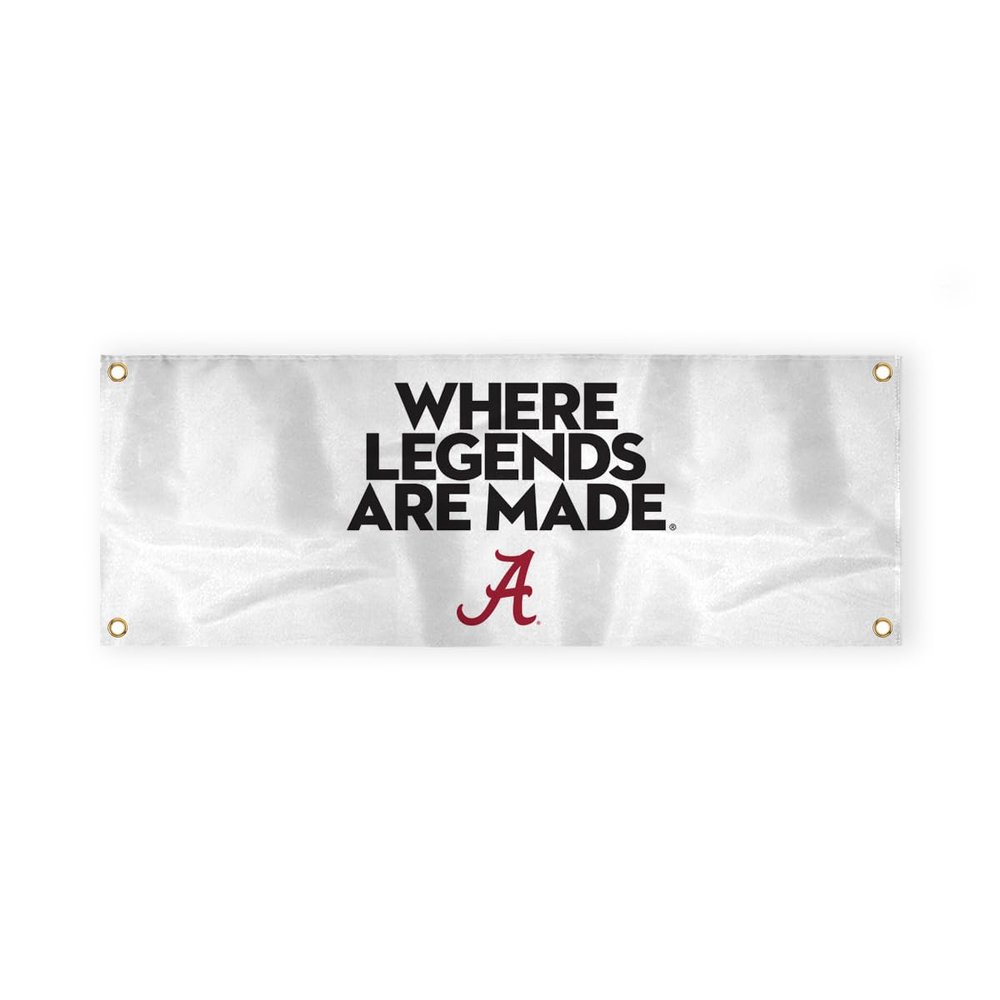 Alabama Collegiate Crimson Tide Where Legends Are Made Primary A Logo with 4 Brass Grommets - 2x4 Ft - Printed Double-Layered 2 ply Spun Polyester - Correctly Reads on Both Sides - Finished Ends for Added Durability - Quadruple Stitched Fly End
